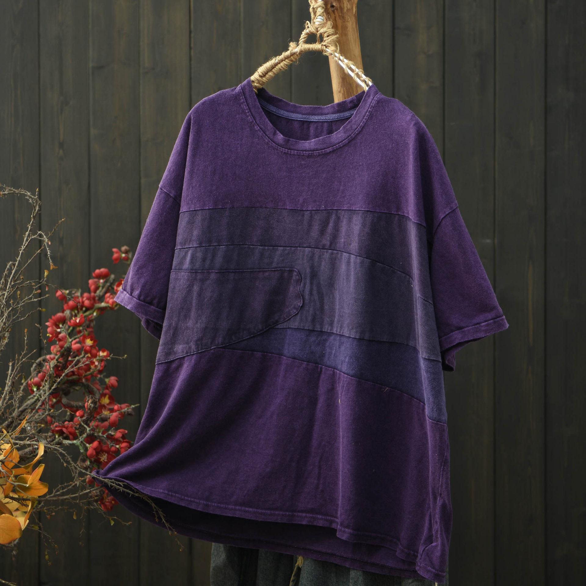 Johnature Damen Vintage T-Shirts Sommer Lässig Rundhals Kurzarm Patchwork Farbe Locker T-Shirts One Size violett