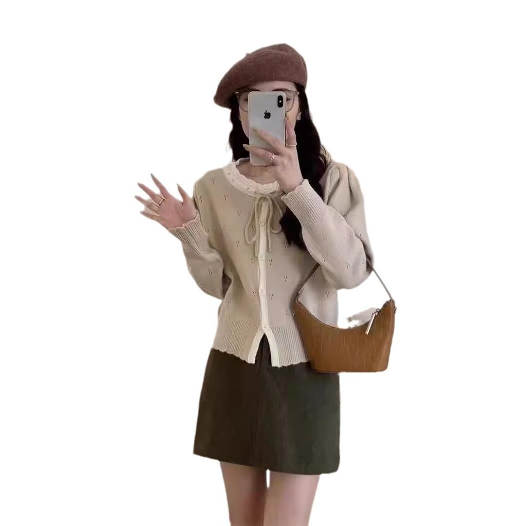 2025 Spring and Autumn Korean New Sweet Knitted Cardigan Gentle Wind Lace-up Bow Color Matching Sweater Jacket Women