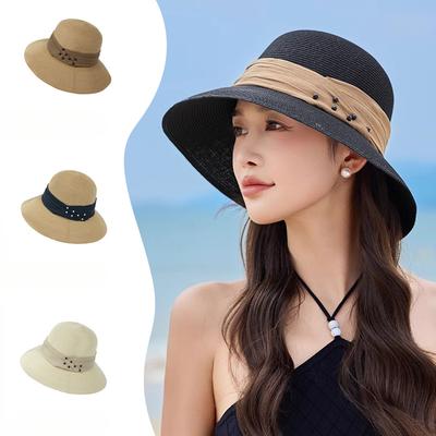 Casual Sunshade Retro Jazz Hat Men and Women Summer Beach Vacation Ribbon Straw Woven Top Hat Panama Leather Buckle