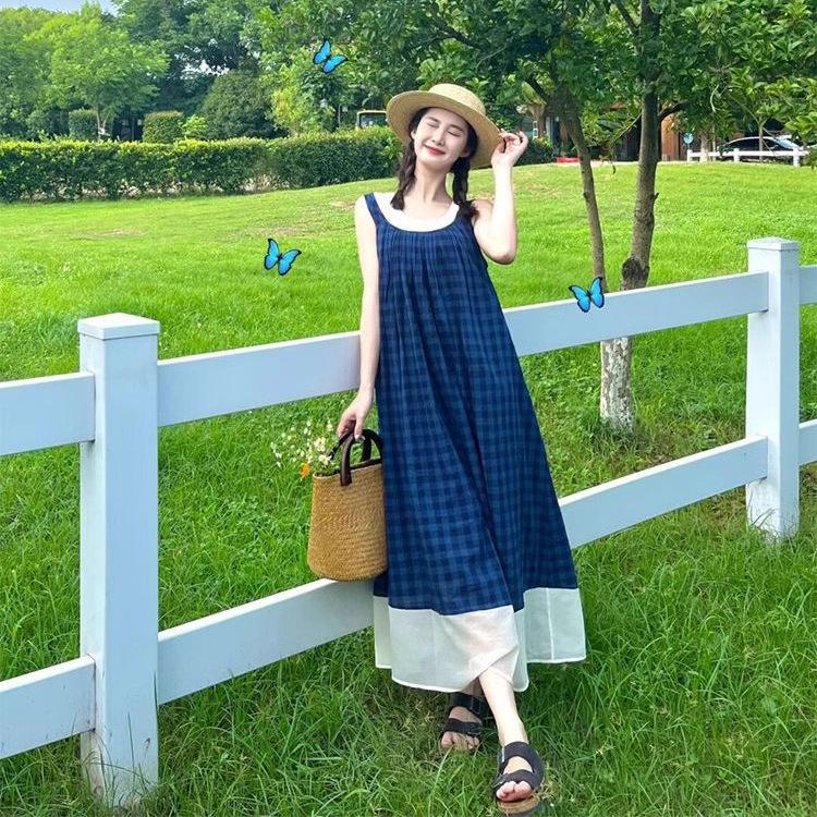 College style blue plaid suspender skirt Thai cool spicy women's summer new blue vest sleeveless dress trendy