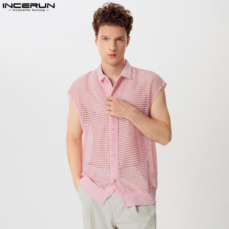 INCERUN Men Summer V Neck Sleeveless Hollow Tank Tops See Through Mesh Vest