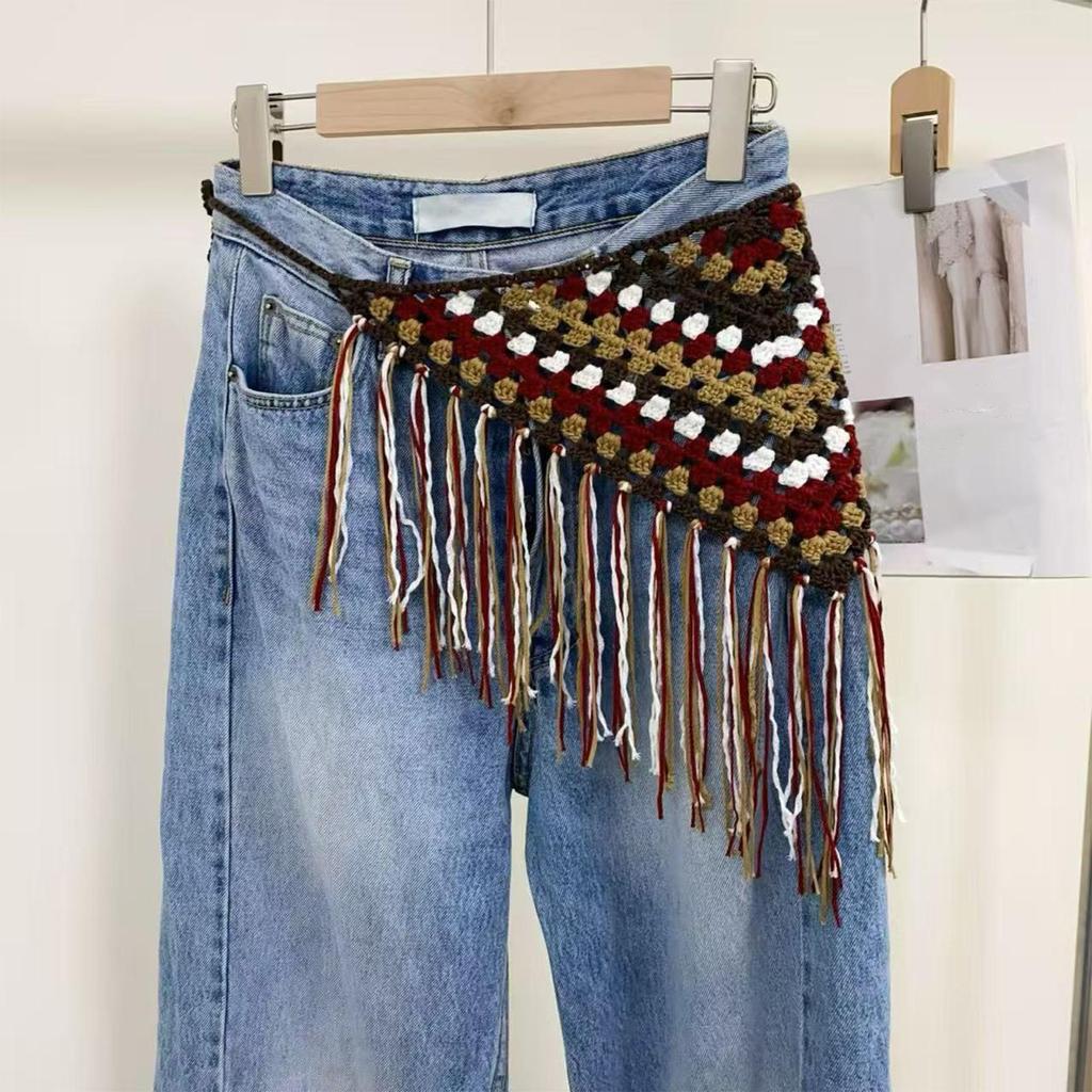 Bohemian Crochet Tassel Waist Scarf Adjustable Fringe Layering Accessory for Women
