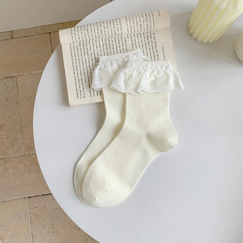 

Женские летние тонкие однотонные милые кружевные носки-гольфы в балетном стиле, впитывающие пот, бесшовные 1 pair молочный белый