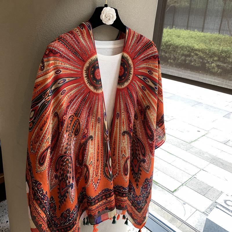Old Qian Feng Cashew Nut Silk Scarf Women'S Spring, Autumn Winter Collocation Baotou Neck Protector Hanging Beard Ethnic Style Scarf Cardigan Shawl