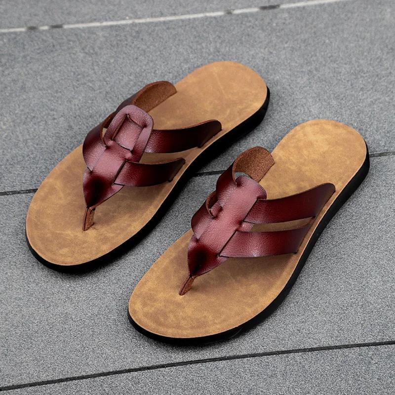 Fashion New Arrival Man's Leather Sandals Stylish Beach Slippers Quick Dry Wading Aqua Shoes Handmade Summer Flip-flops Male Half Drag