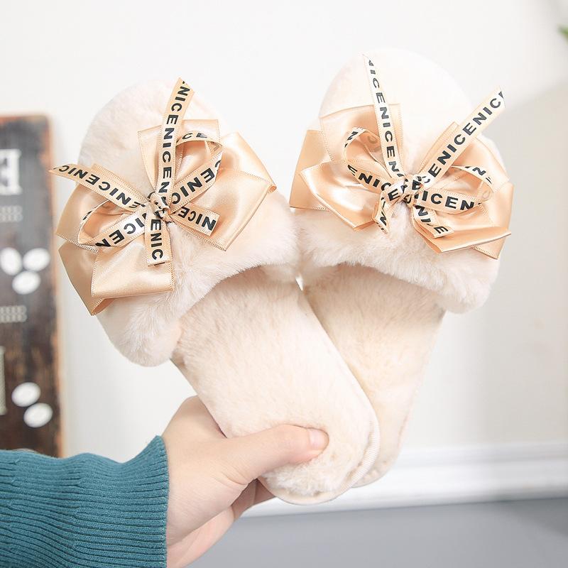

Comemore Warm Shoes Women Slip on Flats Cute Bowtie Female Bedroom Slides Winter Women Plush Home Slippers with Artificial Fur Size 41 36-37 бежевый