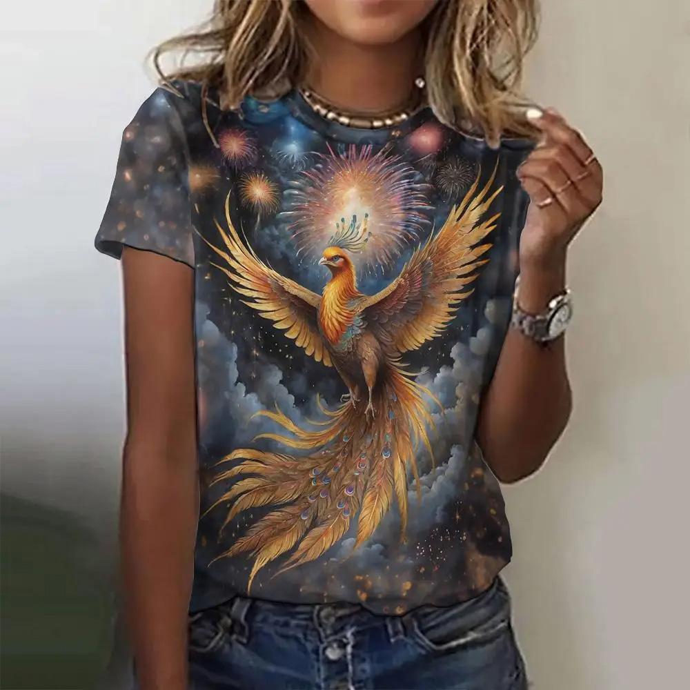 

Летняя женская футболка с модным узором «Феникс», топ с короткими рукавами, свободный топ с круглым вырезом, женская футболка для вечеринок 8XL