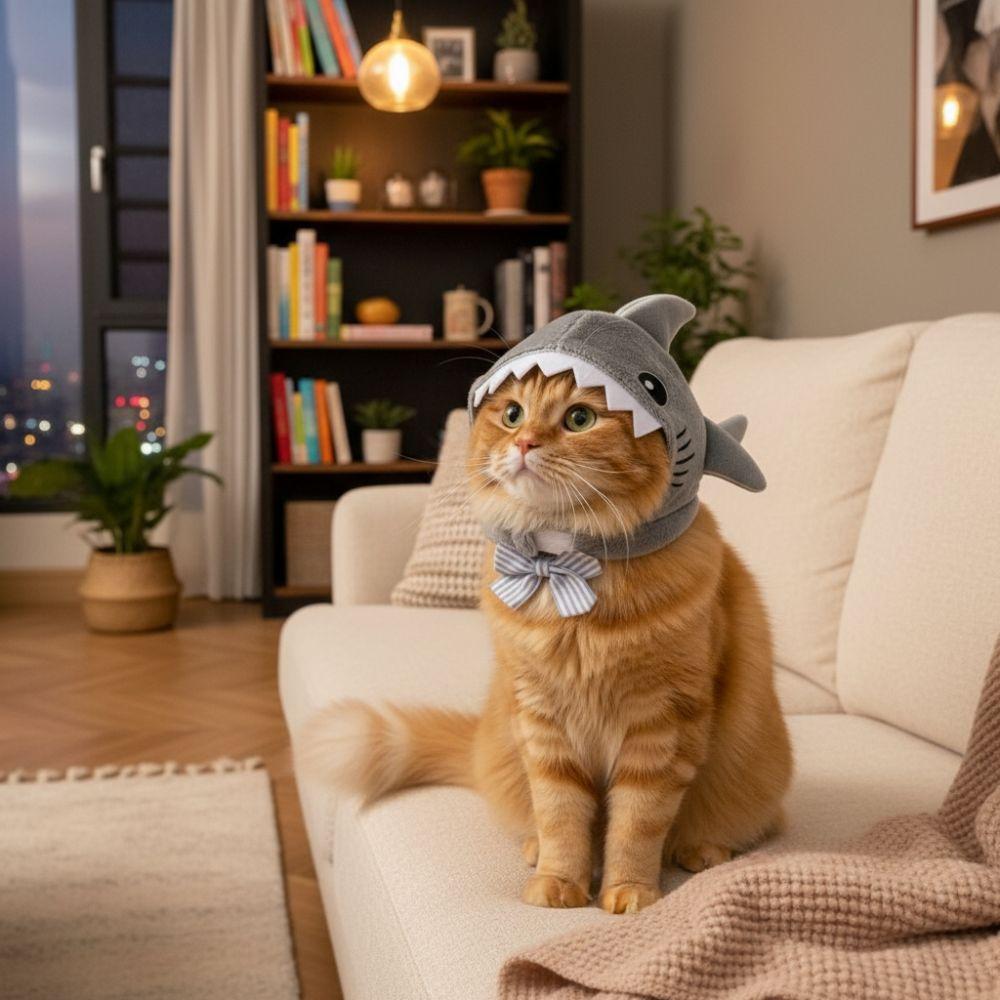 Cartoon Cat Shark Headdress Warm Plush Pet Cosplay Headwear Cat Decorative Hat  Winter Season