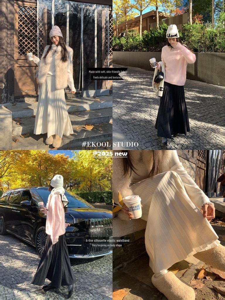 Baishiwang Women's High-Waisted A-Line Pleated Skirt, Autumn/Winter Long Loose Slimming Design.