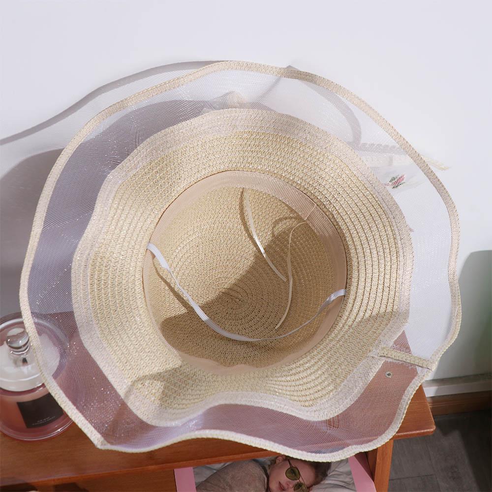 Frühling Sommer Strand Strohhut Französischer Stil Damen Sonnenhut Eleganter Spitzen-Schleifen-Strohhut Outdoor