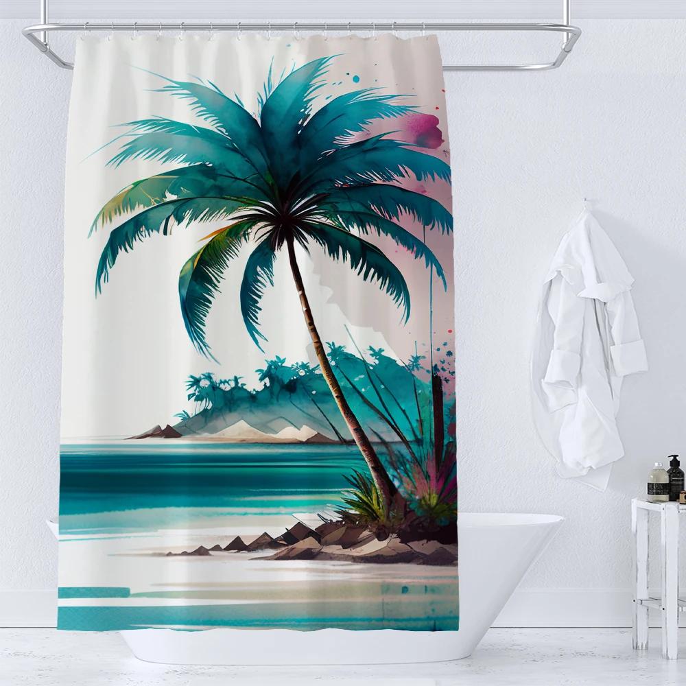 36x72 Inch Seaside Scenery Shower Curtains Beach Coconut Tree Bath Curtains Waterproof Shower Curtain Bathroom Decor with Hooks