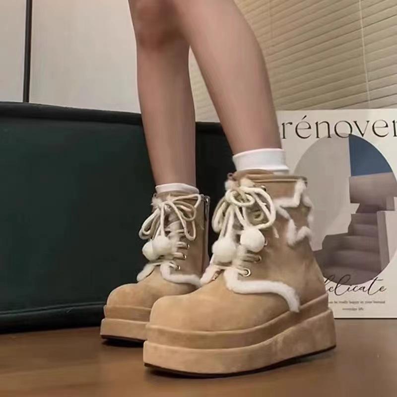 Cute hairball huge good-looking thick-soled snow boots children's 2025 autumn and winter new plush warm short boots fluffy boots