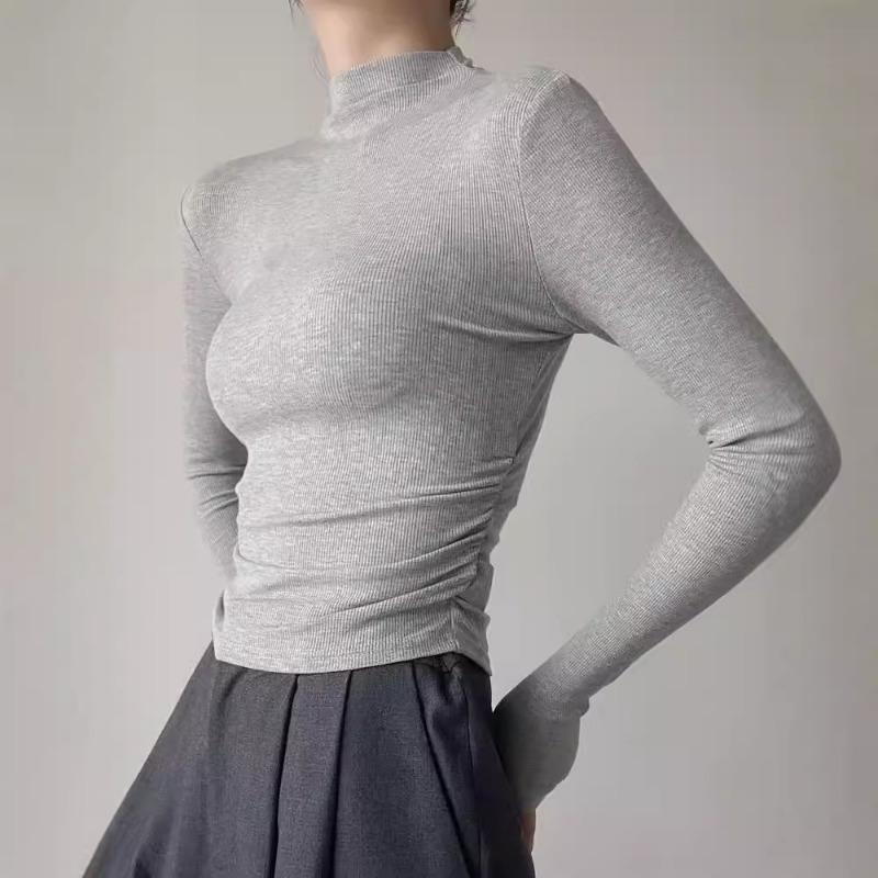 Women Half High Neck Long Sleeve Slim Cropped Solid Base T Shirt