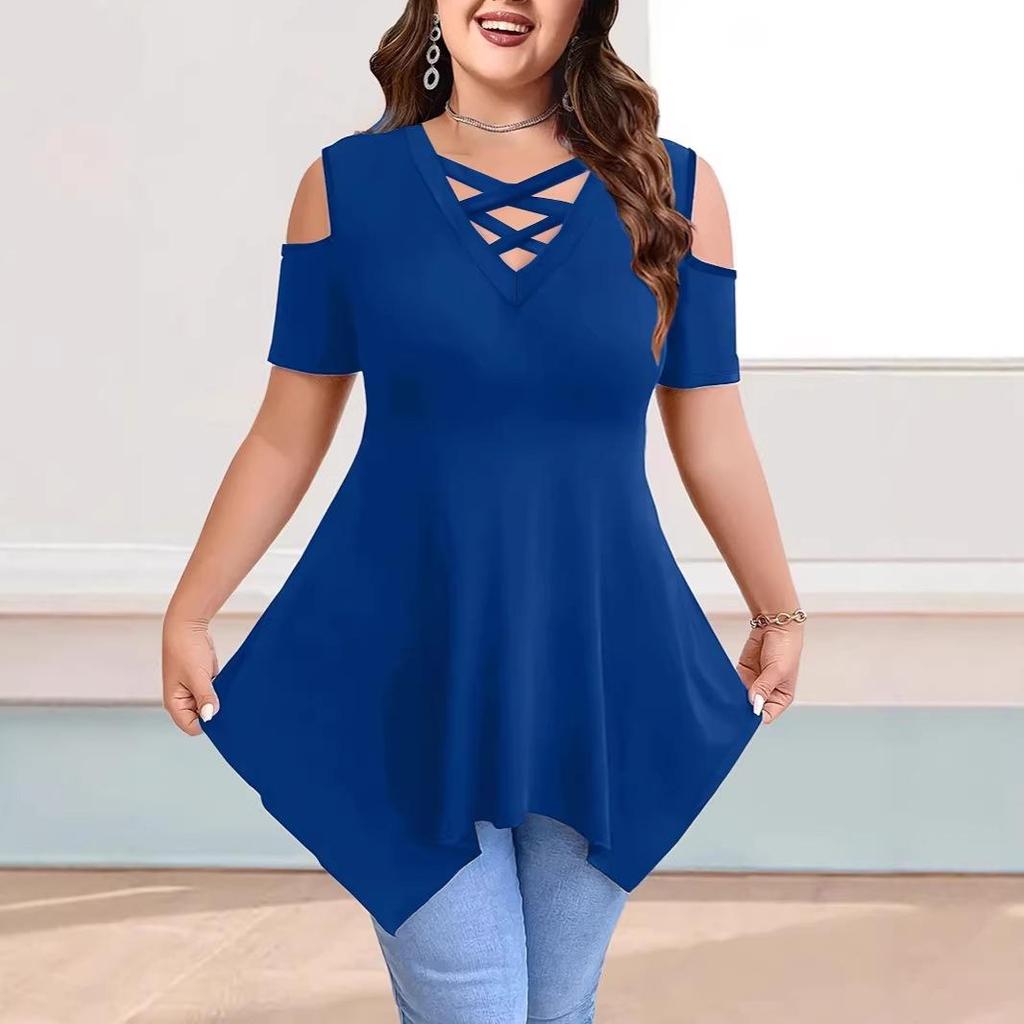 V-Neck Off-Shoulder Strap Short-Sleeve Plain Women's T-Shirt Top