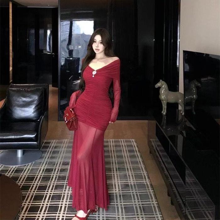 High-End Elegant Mesh One-Shoulder Long-Sleeve Slim Dress - 2026 Formal Hip-Hugging Style