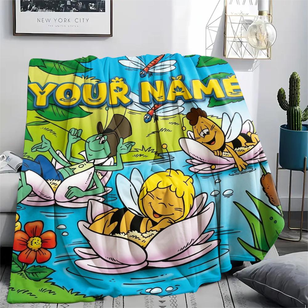 1PC Custom Name Maya the Bee Patterned Flannel Blanket Suitable For All Seasons for Home Decor Warmth and Comfort Gifts Holiday Present
