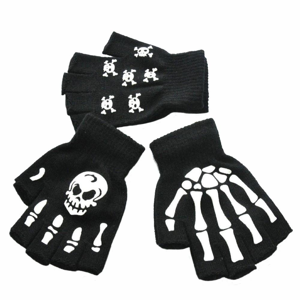 Unisex Half Finger Skull and Bones Halloween Gloves Glowing Fingerless Gloves for Winter Use