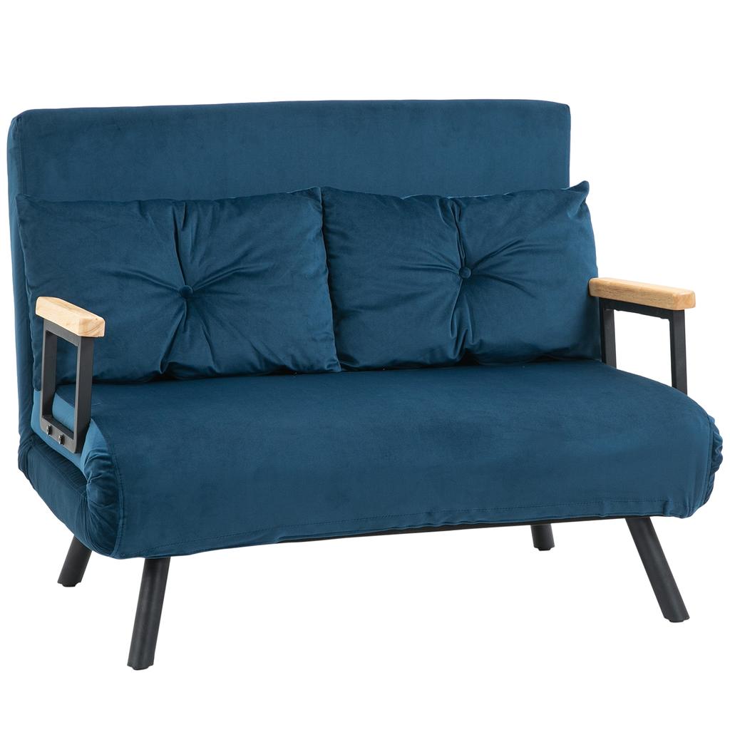 Sleeper Sofa 2-Seater Sofa Velvet Sofa, Sleep Function, Incl. 2 Cushions, Velvet Look, Natural + Blue