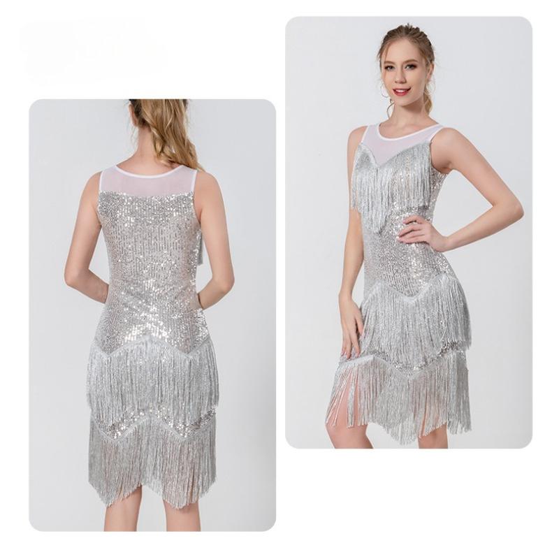Sequined Tassel Dress Female Latin Dance Dress Prom Party Dress Stage Dress Big Skirt