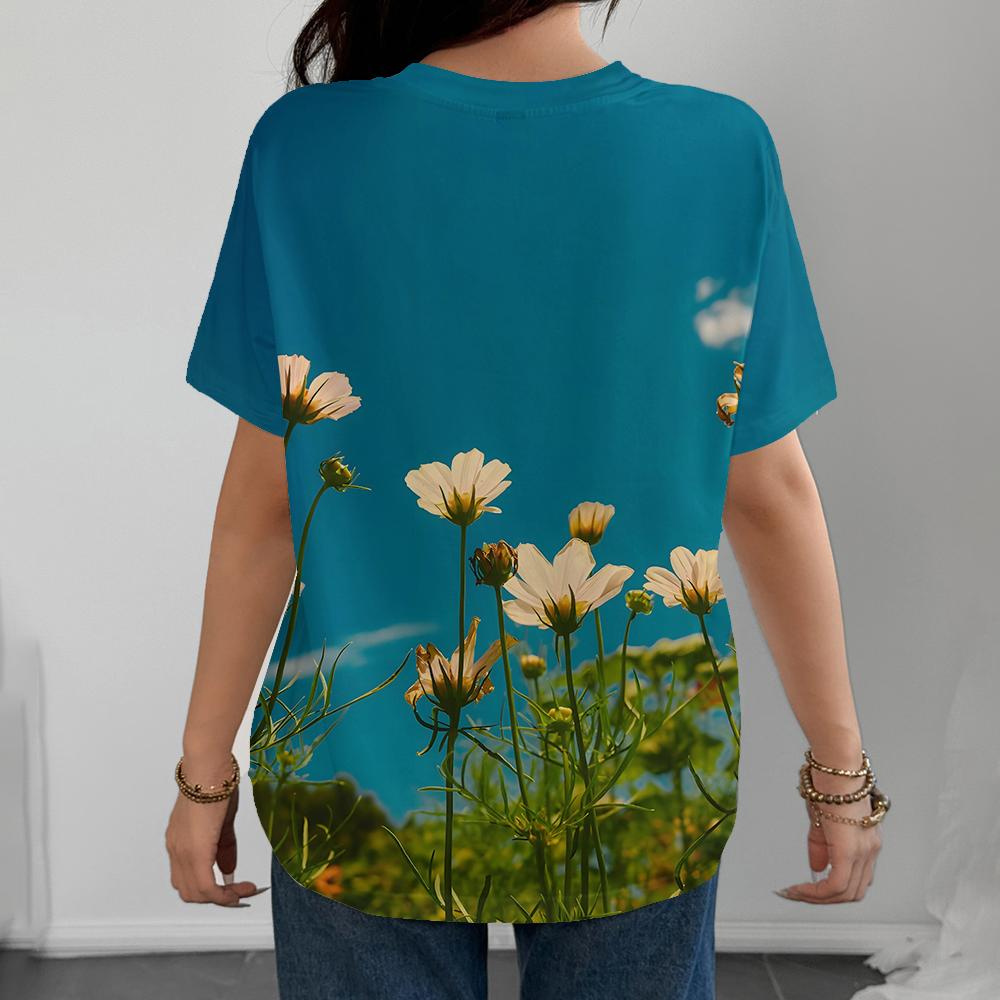Summer Women's T-shirt Blooming Flower Sea Colorful Flowers Full Print Women's Leisure Versatile Short Sleeve Top