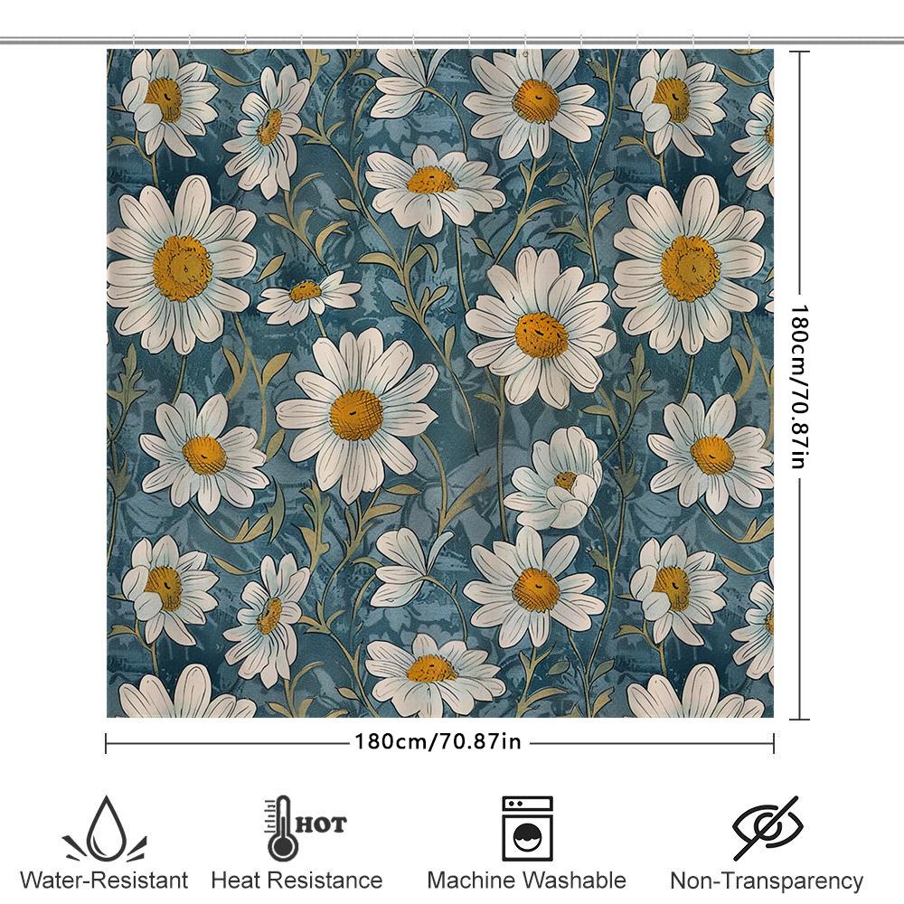 White Daisy Shower Curtain Waterproof Home Decor Bathroom Wall Hanging Floral Print Fabric Water Repellent Curtains for Bathro