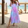 Damen Mode Rundhals Batikmuster Bedruckt Kurzarm Seitenschlitz Kleid Lässiges Urlaubs-Kleid Langes Lockeres Kleid