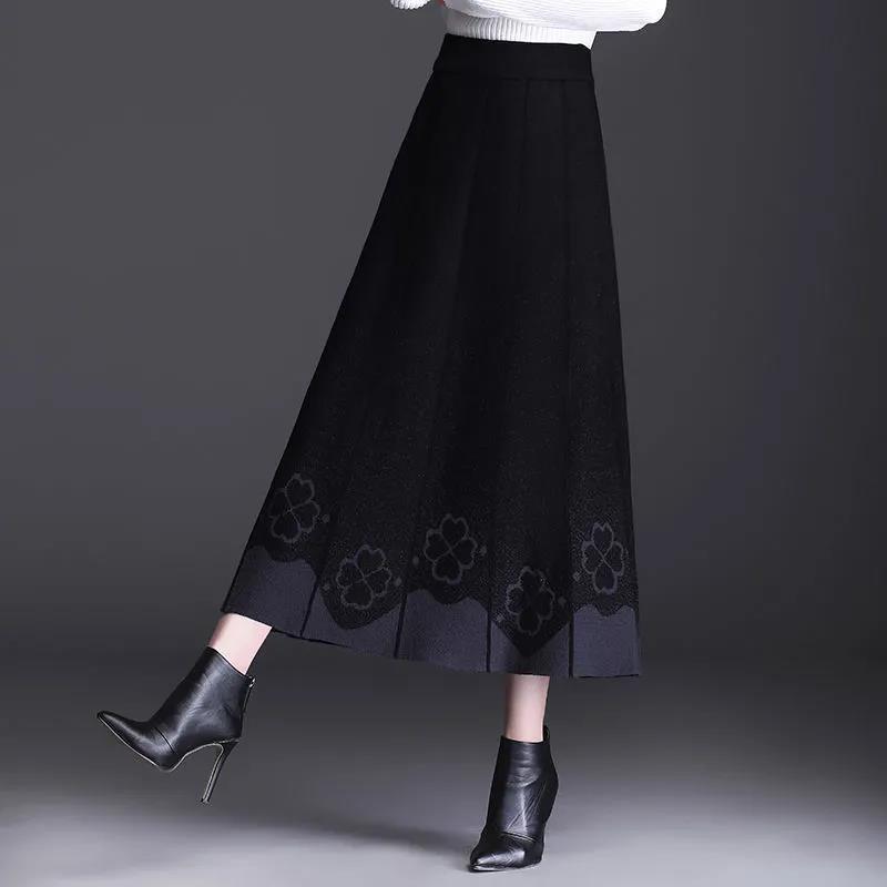 Slim-Fit A-Line Women's Autumn Winter Thickened Knitted Midi Skirt High Waist Embroidered Wool Long Winter Skirt