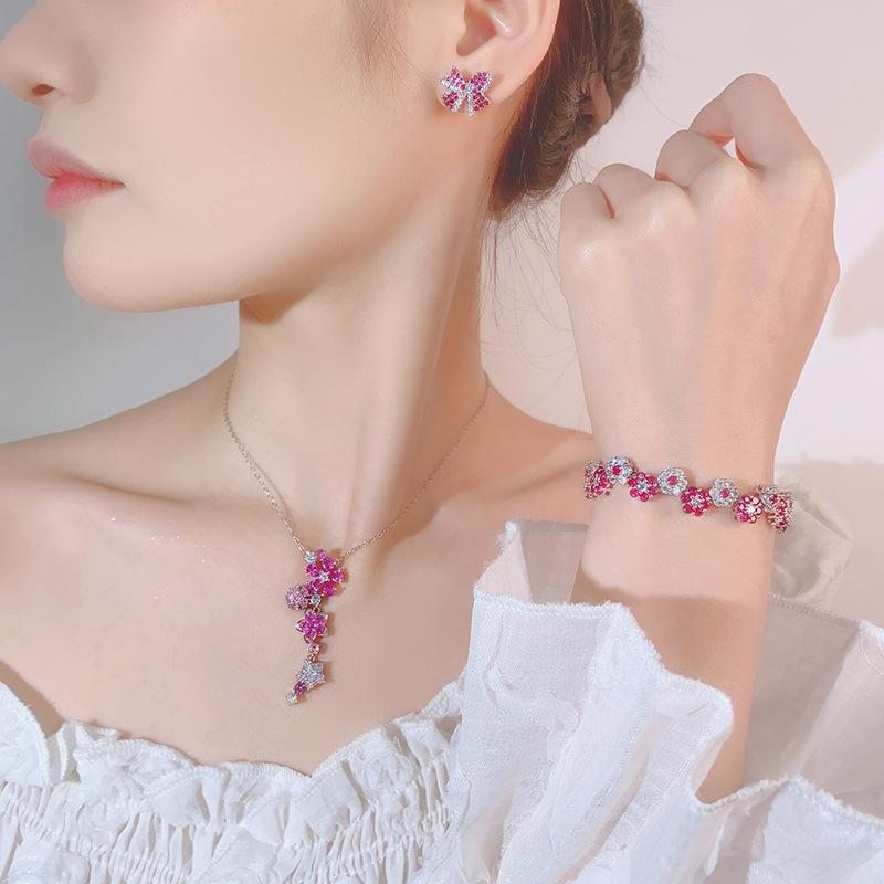 Huayei Jewelry Set, Accessories, Stud Earrings, Bracelet, Clavicle Chain, Red Corundum, Zircon Flowers, High Sense Light Luxury Women'S