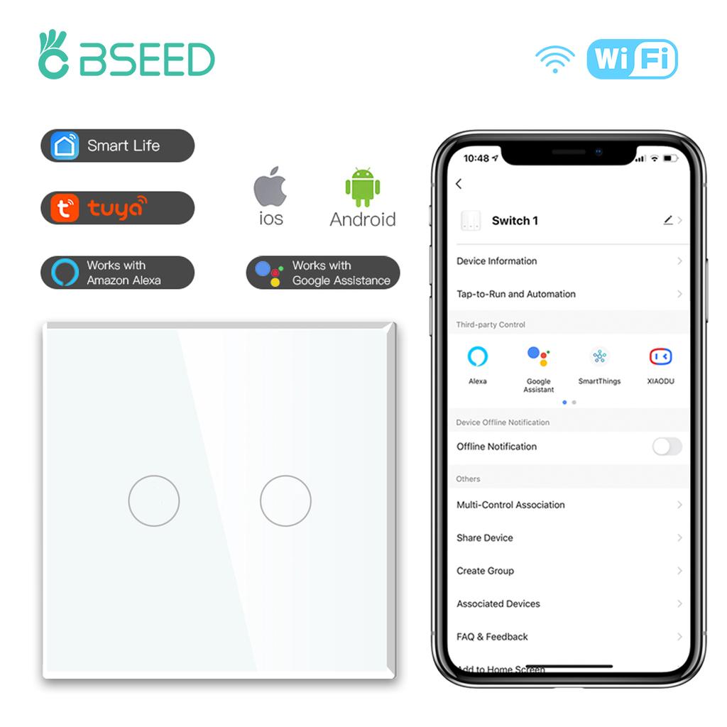 BSEED  Wifi 1/2/3Gang Smart Touch Switches 1/2/3Way Wall Light Switches Tuya Smart Life App Control Plus Sockets EU Standard