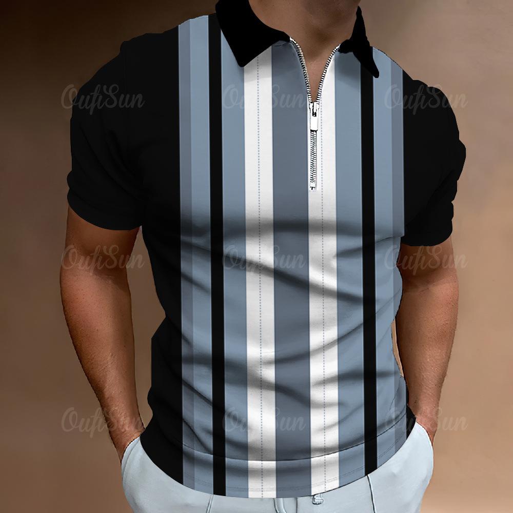 Independent Station Men'S Polo Shirt 3D Digital Printing Half Zipper Vertical Striped Short Sleeve Lapel Top