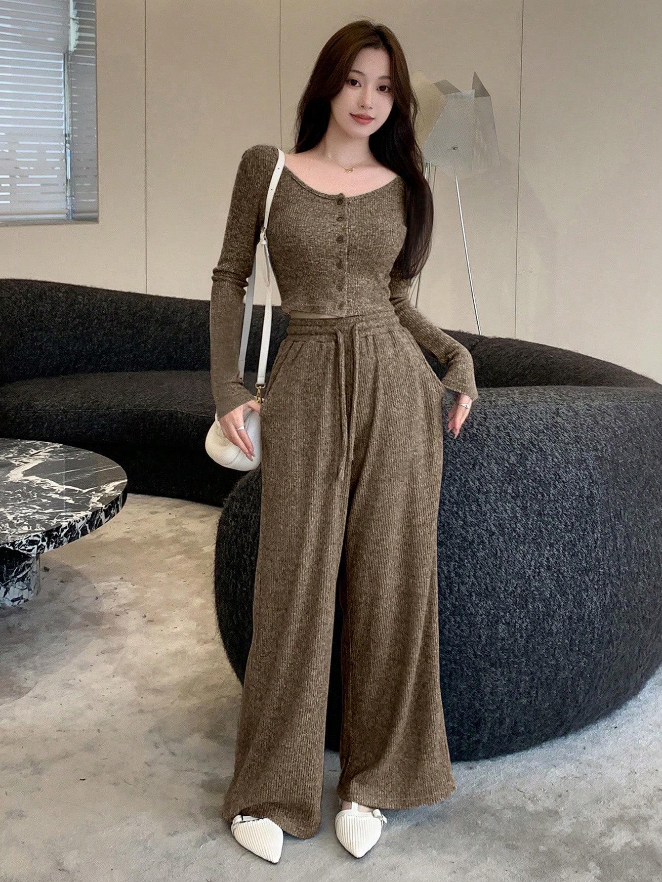 

New Spring/Autumn European & American Women s Casual Fashion Cardigan and Long Pants Set with Pockets L коричневый