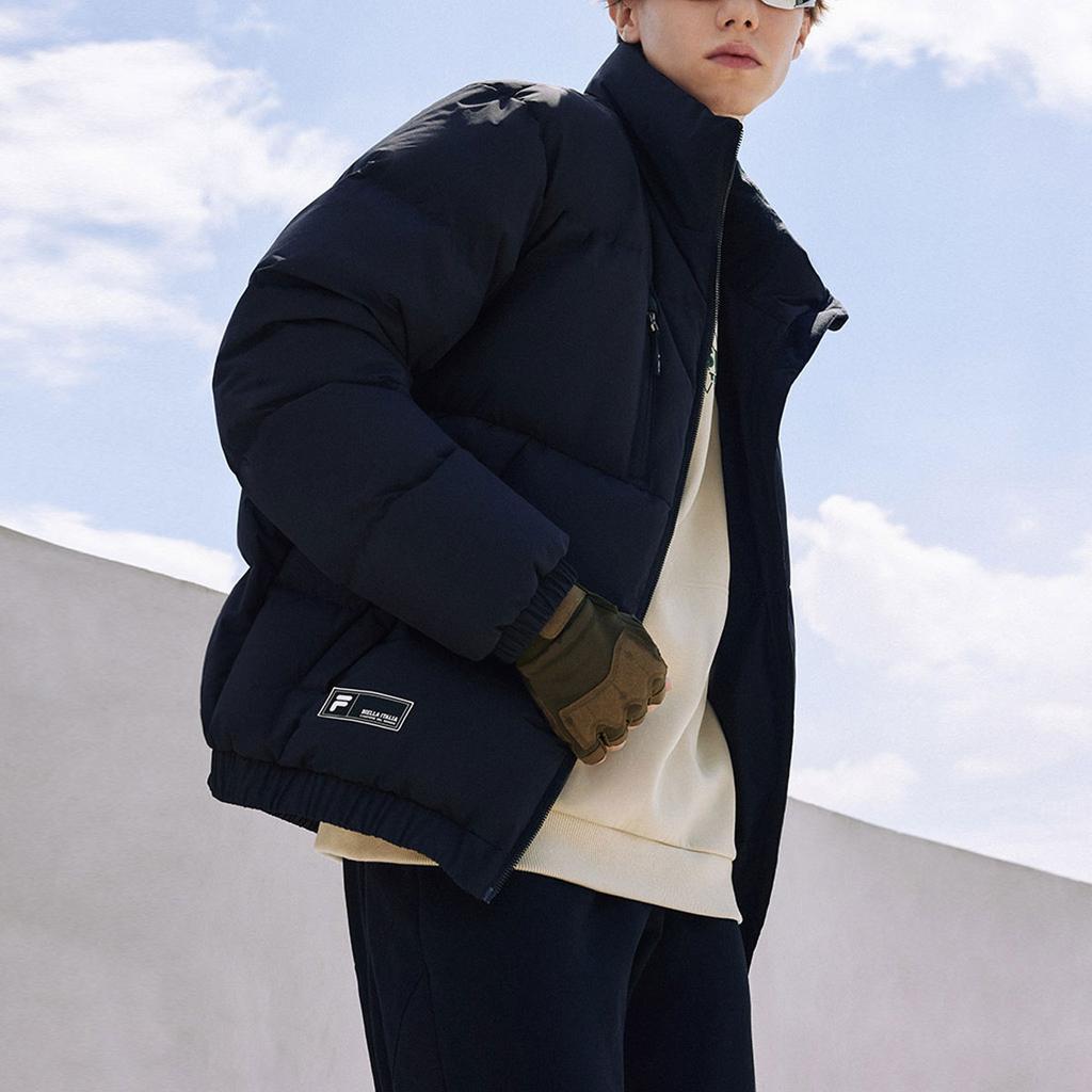 Fila Fusion Uniform Letter Logo Print Stand Collar Loose Warm Down Jacket Men outerwear Black T11M345905A-BK
