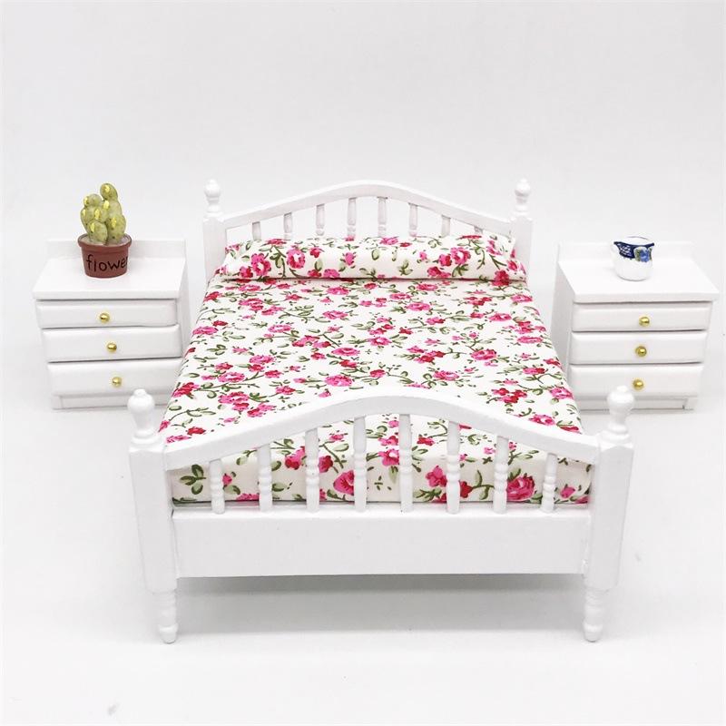 1:12 Mini Dollhouse Furniture Fresh Rose Bedroom Linen Double Bed Bedroom Mini Furniture