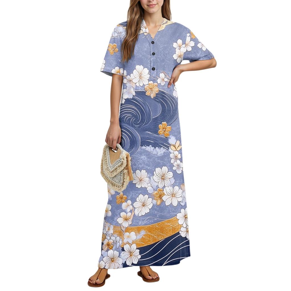 Women's Fashion Printed Nightgown Home Clothes Short Sleeve Nightgown With Pockets Long Dress