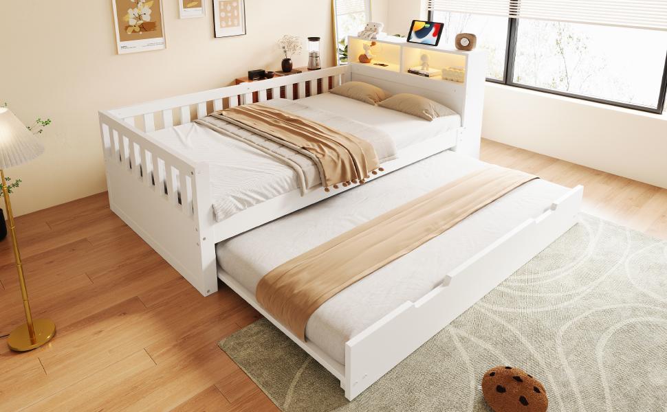Multifunctional Wooden Bed 90 × 200 cm, With Pull-Out Bed, Shelf and Storage, Equipped With Socket and LED Lighting, Safety Rail, Single Bed, White