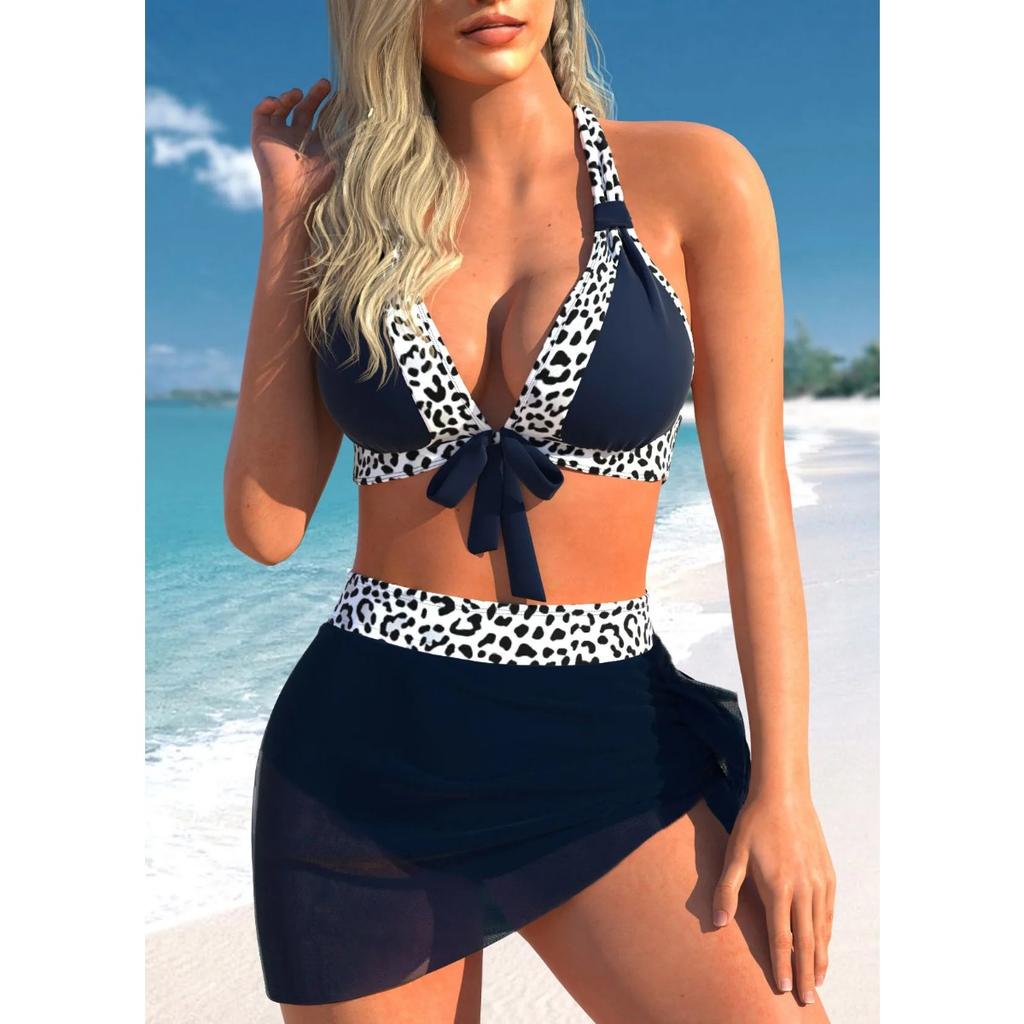 New Summer Beach New Women's Bikini Two Piece Swimwear Blue Pink Print Lace Up Bow Beach Dress S-6XL