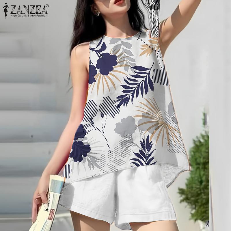 ZANZEA Women Print Tank Tops and Shorts Summer Two Piece Suit Sets
