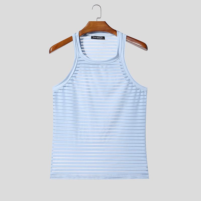INCERUN Herren Rundhals Ärmellose Netz Durchsichtig Gestreifte Tanktops