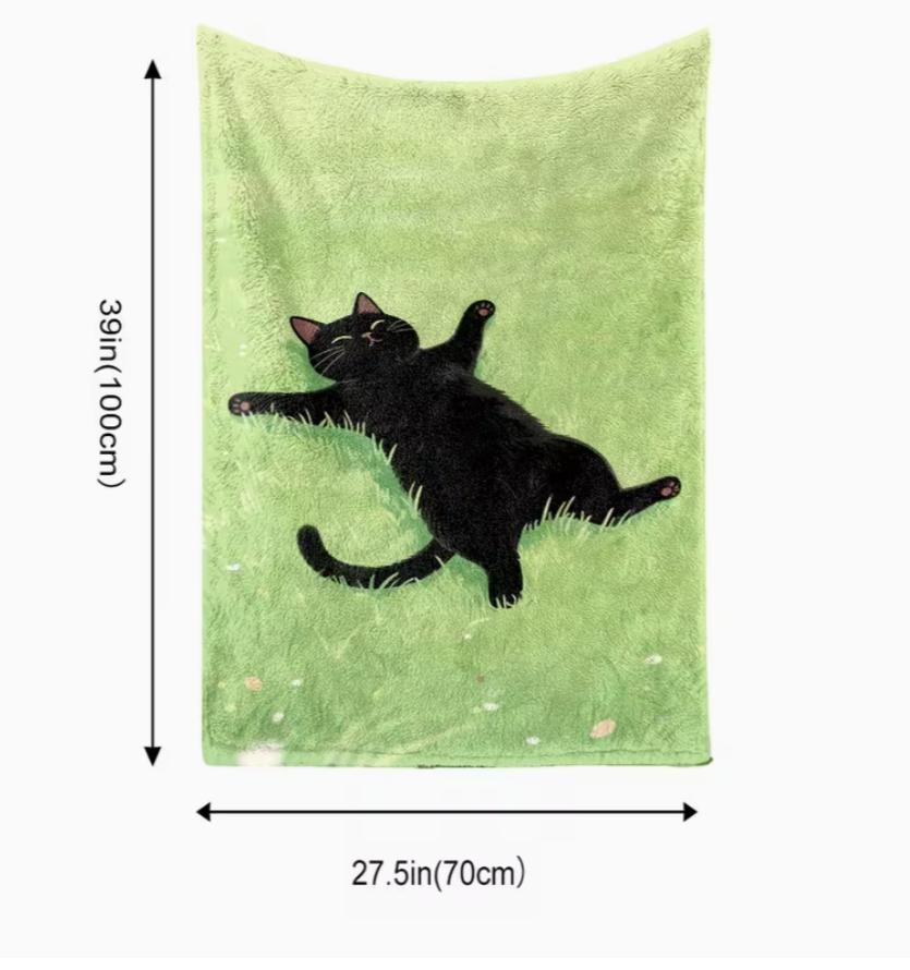 1pc Flannel Blanket Soft All-Season Cozy Throw for Bed, Sofa Camping with Black Cat Green Cat Lover Gift Tabby Cat Bedspread
