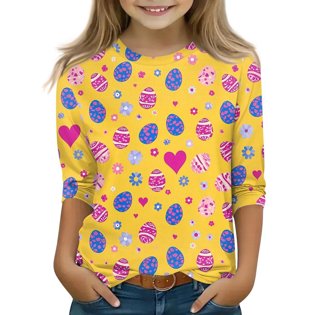 Children's 3/4 Sleeve Tops Casual Print T Shirt Round Neck Pullover Blouse