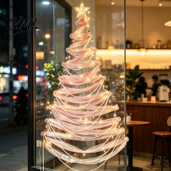 DIY Holiday Fabric Tree Decor Lighted Christmas Kit, Hanging Ornament Set Space Saving for Window Wall, Handmade Craft with LED Lights Luminous