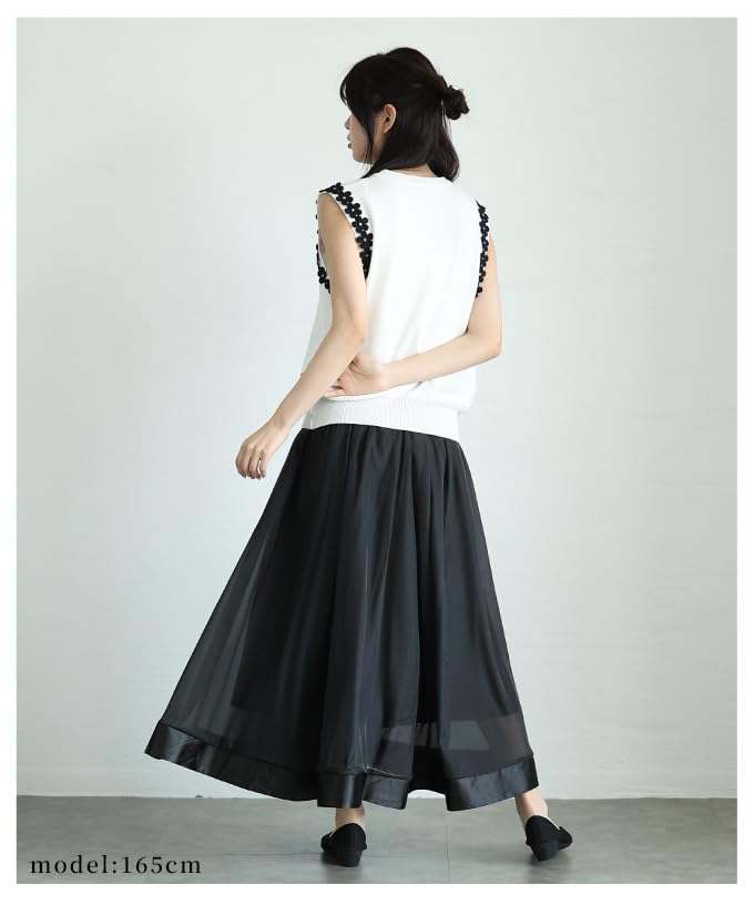 [sawa Á La Mode] Sheer Veil Beautiful Ribbon Tape Hem Organza Flare Skirt Women's Fashion Bottoms Skirt Adult Cute Mode-9929 Free Size Black
