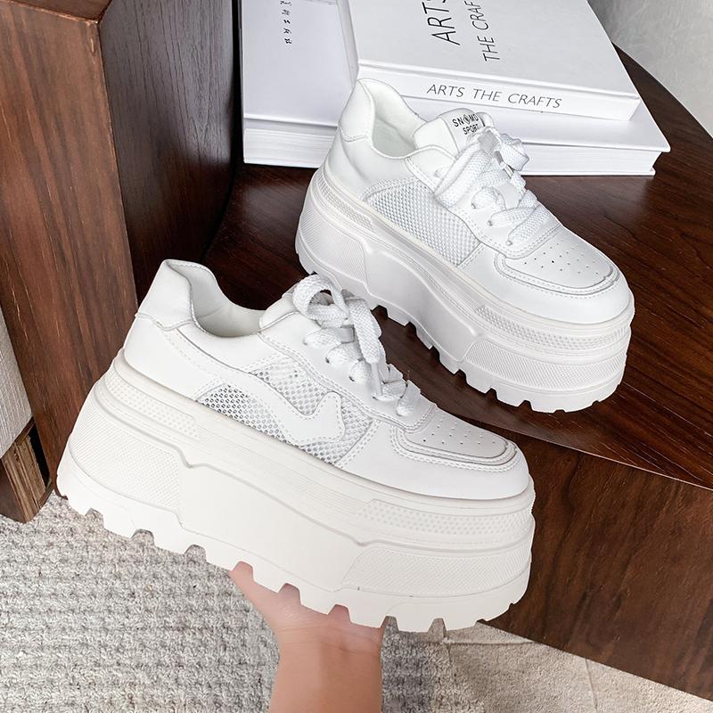 Fashion 8CM Women Hollow Mesh Chunky Sneakers Autumn Summer Platform Casual Shoes Lace-up Breathable Sports Shoes Woman Vulcanized Shoes
