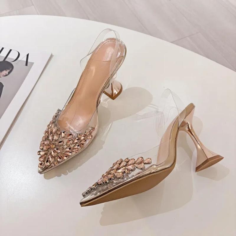 Summer Women's High Heels Pointed Rhinestones Transparent Sexy Wine Glass Heels Fashionable All-match Closed Toe Sandals