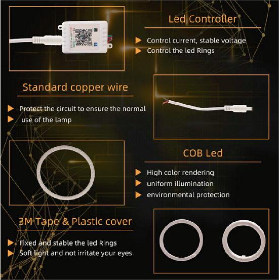 Colorful APP Bluetooth Car Headlight 90mm RGB Angel Eye Halo Rings 90mm For Car