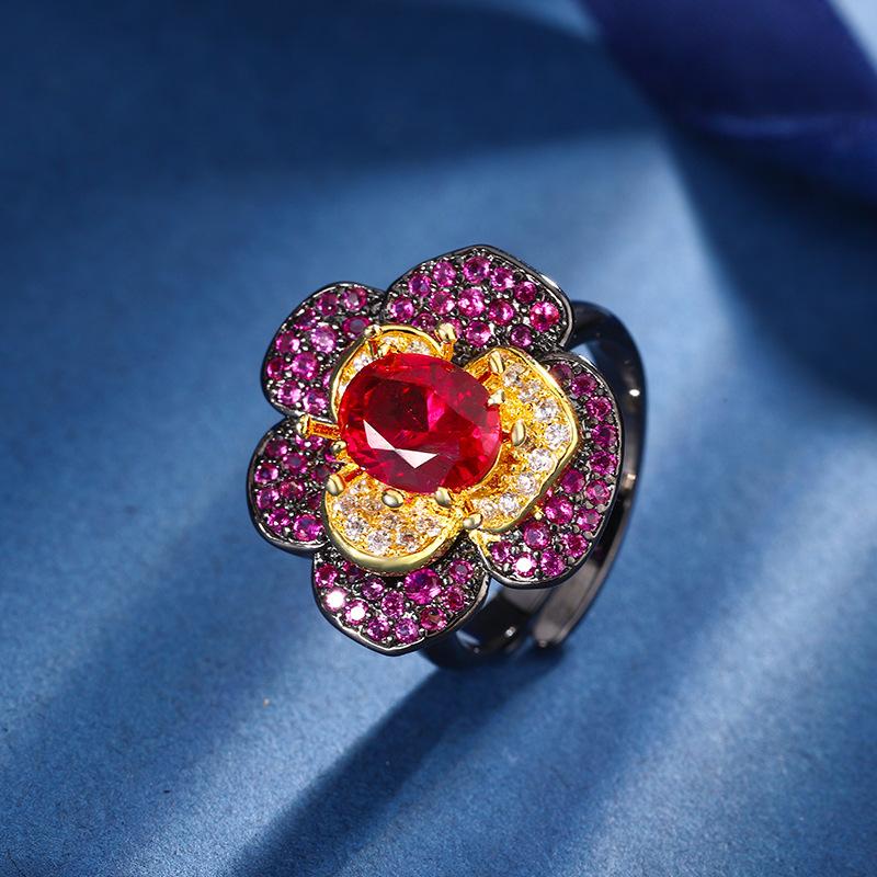 

Ювелирные изделия Медное основание Позолоченное Имитация Красного Корунда Цветок Черное Золото Индивидуальный Набор 7 * 9-6 * 8