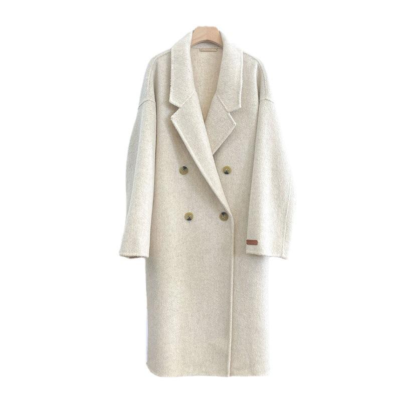 Q576 Albaka camel wool double-sided hand-sewn coat women, long-haired suit collar double-breasted woolen coat