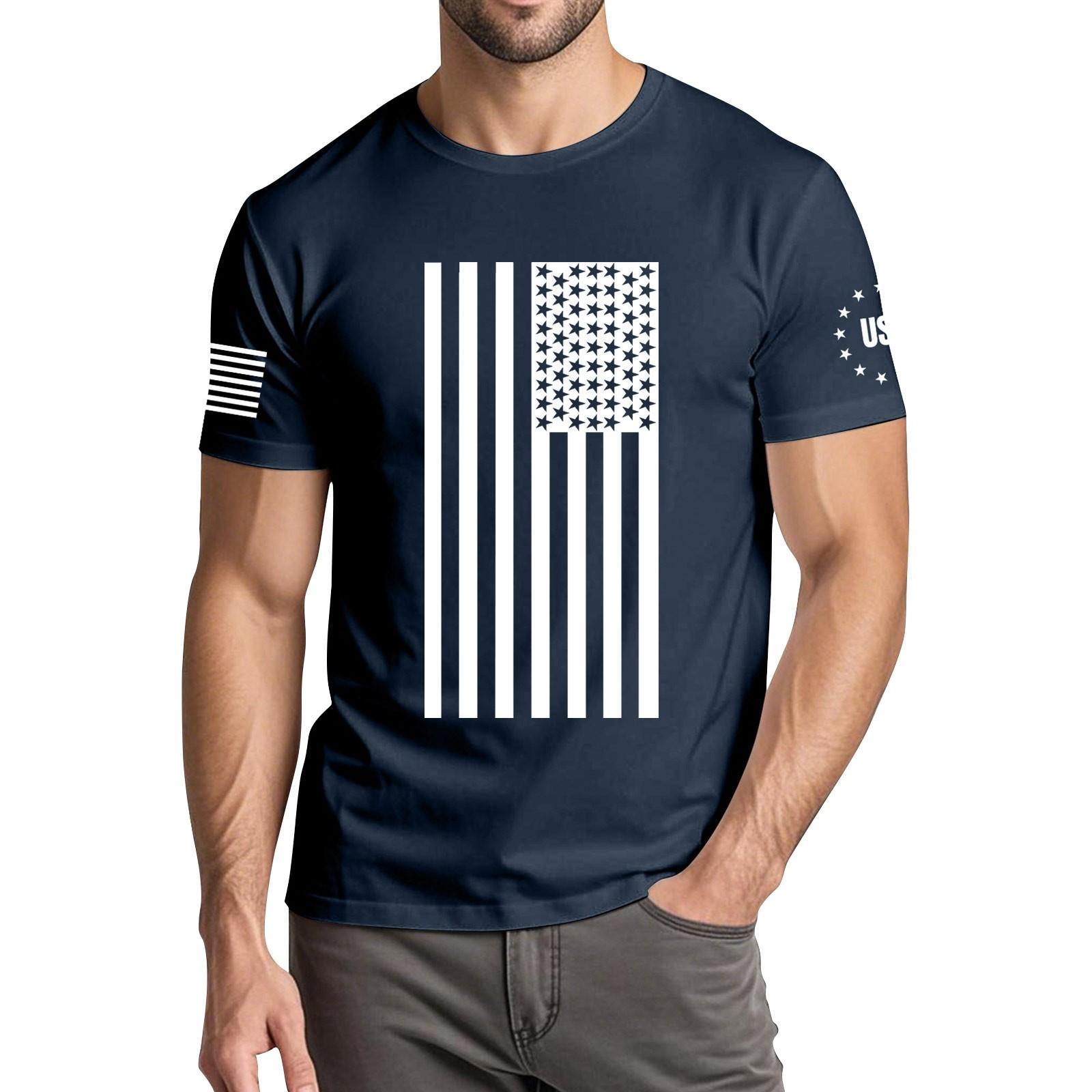 

Чоловіча модна повсякденна футболка з круглим вирізом та коротким рукавом з принтом до Дня Незалежності L Темно-синій