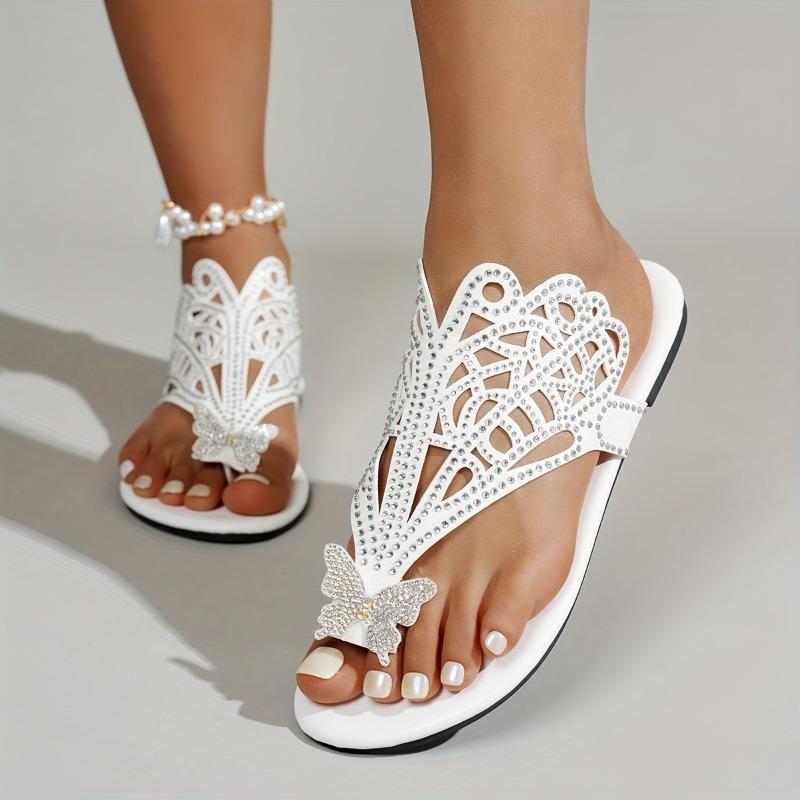 Women's Ethnic Butterfly Slip-On Sandals: butterfly, split-toe, cushioned sole, all-season. For casual outings, parties, beach.
