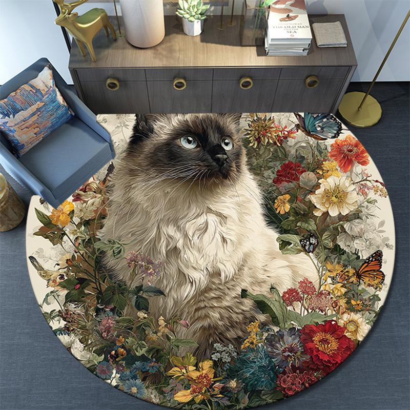 Cat in Flowers Round Area Rug,Carpet Rug for Living Room Bedroom Sofa Playroom Decor,Non-slip Floor Mat